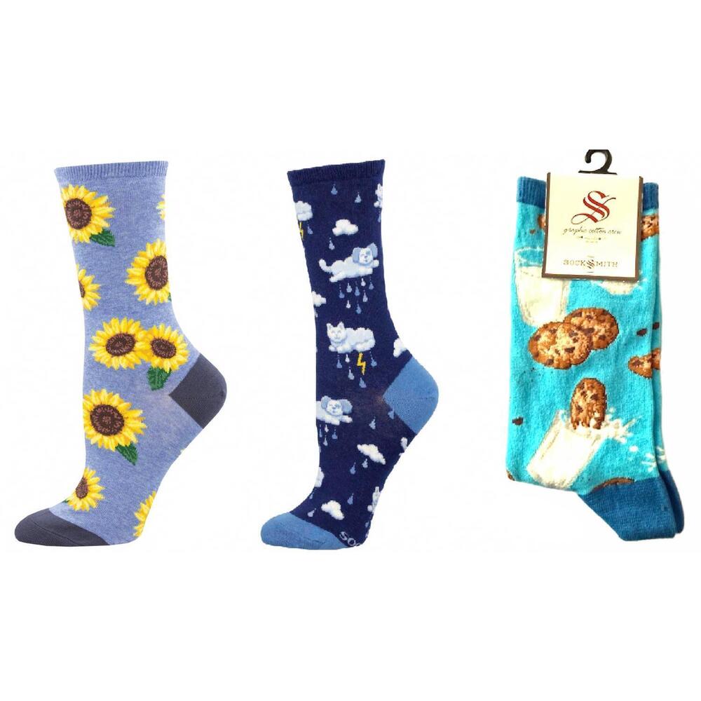 NEW SOCKSMITH women's more blooming & raining cats and dogs & cookies socks - se